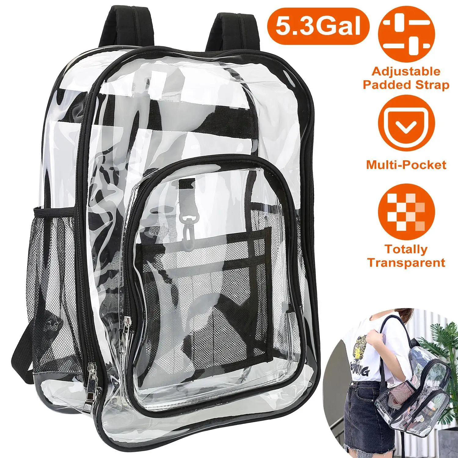 

Heavy Duty Large Clear Backpack for school | Waterproof PVC Book Bag with Reinforced Straps | 5.3Gal Transparent Rucksack