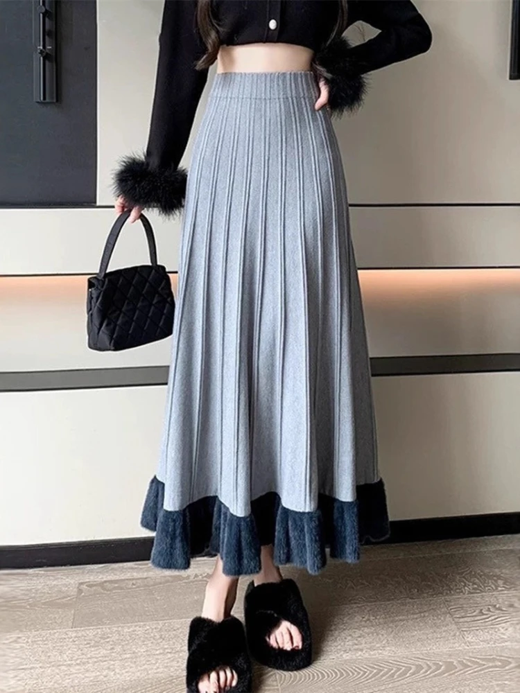 

Fashion Slim Elegant Knit Skirts High Waist Pleated Ruffles Patchwork Design Long Skirt Autumn Winter All Match Women's Clothing