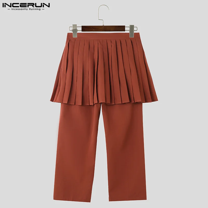 INCERUN 2024 American Style Men\'s Trousers Pleated Fake Two-piece Solid Skirt Pants Casual Street Male Hot Sale Pantalons S-5XL