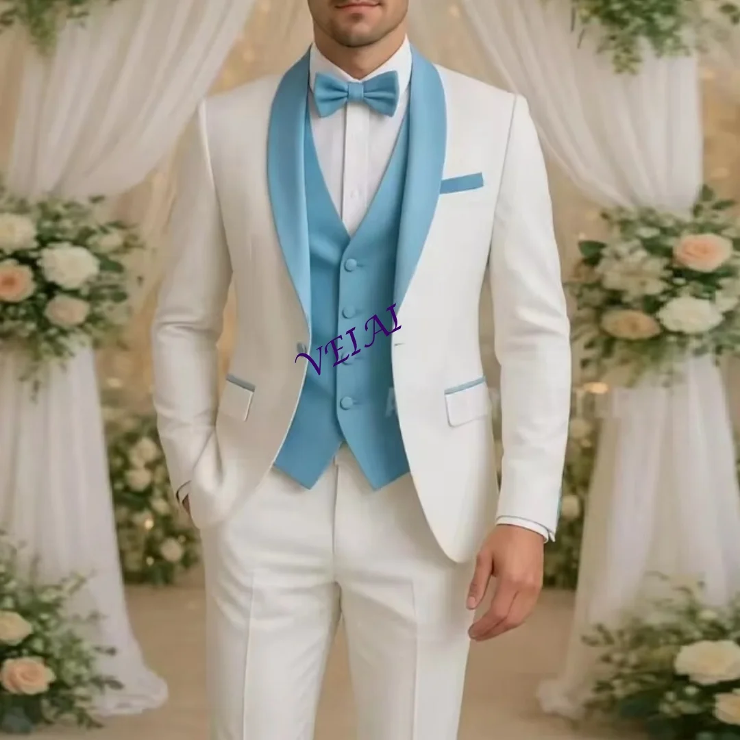

CustomizedWhite And Blue Men Suit Wedding Party Formal Groom Groomsman Prom Business Male Tuxedos 3 Piece Set Jacket Vest Pants
