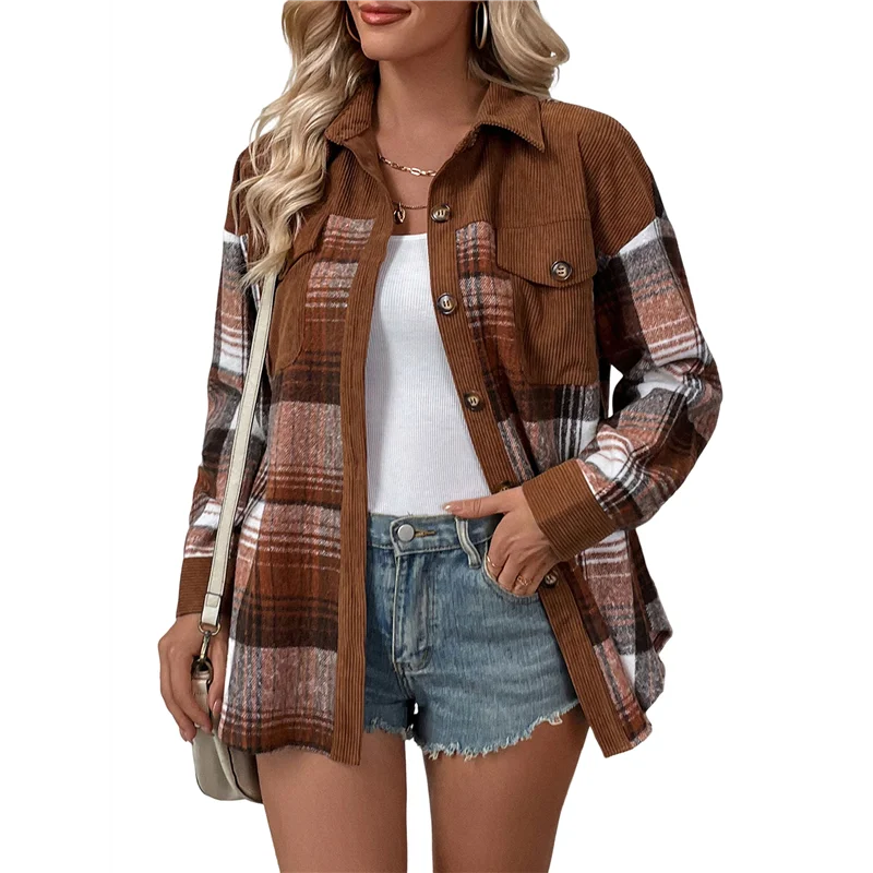 

NEW-Women's Color Block Corduroy Shirts Long Sleeve Button Down Boyfriend Blouses Tops