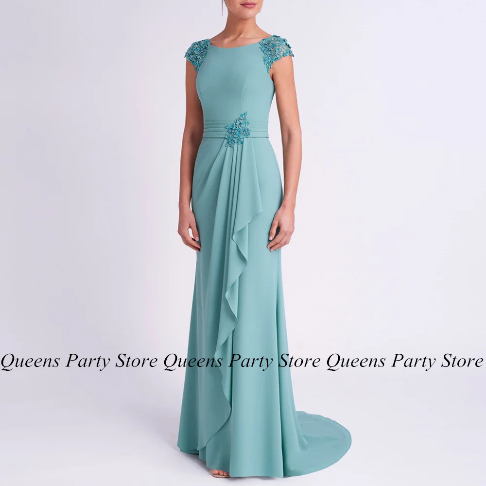 

Mother of The Bride Dress Cap Sleeve Scoop Neck Beading Applique Ruffles Sweep Train Mermaid Evening Dresses Wedding Guest Gown