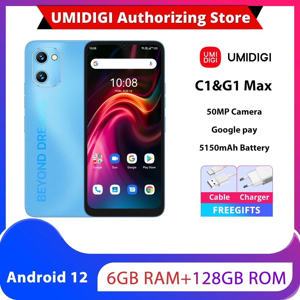 [En stock] Smartphone UMIDIGI C1 & G1 Max, Unisoc T610 Octa-Core, 6 Go + 128 Go, camra 50 MP, batterie 5150 mAh, tlphone portable double SIM