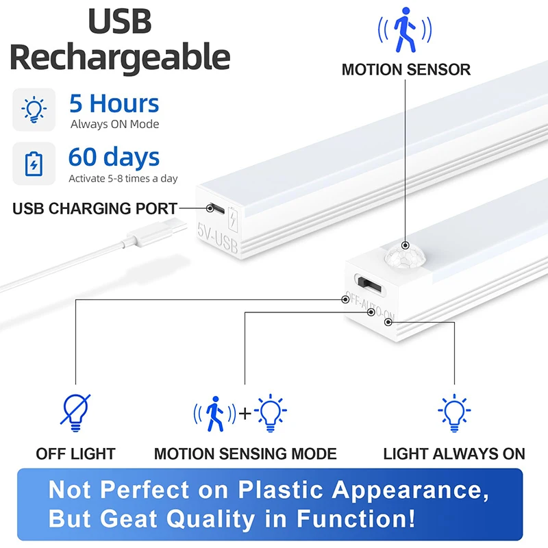 IRALAN Oświetlenie szafki LED USB Type-C Akumulatorowa lampa LED z czujnikiem ruchu do szafy kuchennej Oświetlenie szafki 10/20/30/50 cm