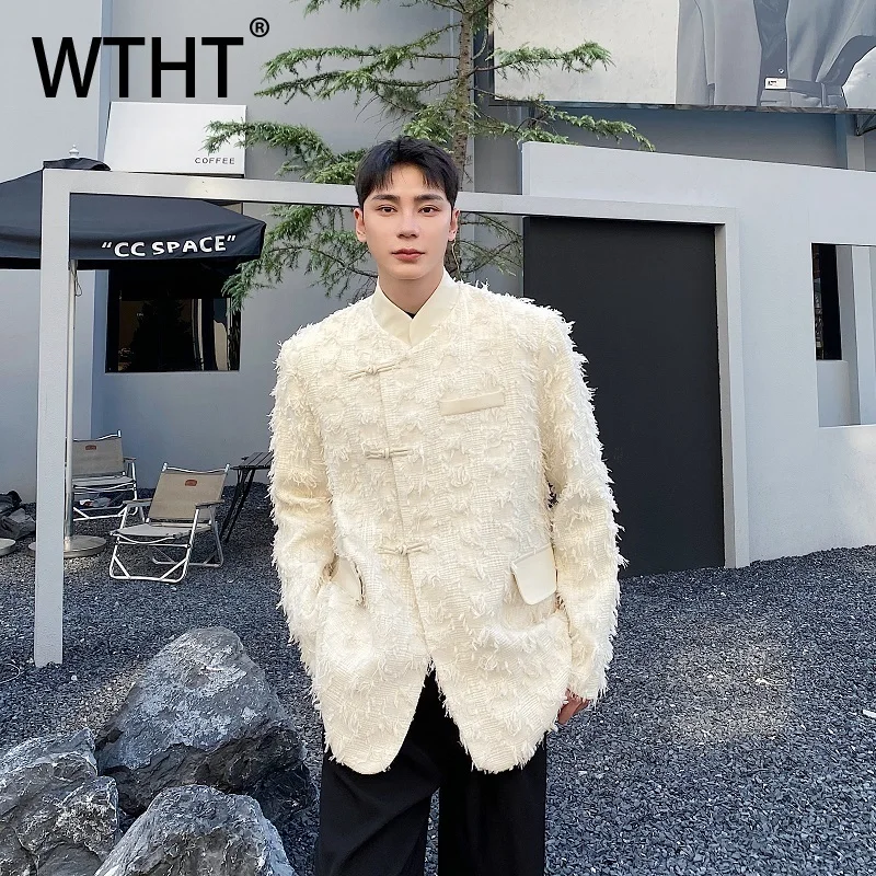 

WTHT модные мужские однотонные свободные пальто с карманами на ленте, модные куртки в китайском стиле с воротником-стойкой, мужские куртки, осень 2021, 2A1914