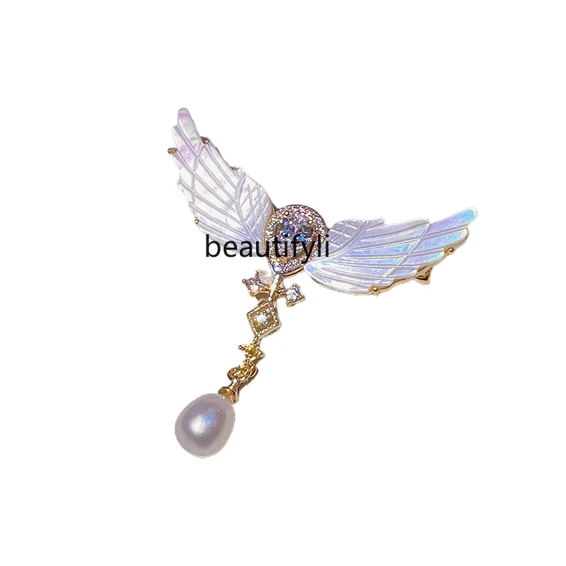 

Angel Wings Tassel Brooch, Natural Shell Thick Gold Plated Zircon Pin Pearl Corsage