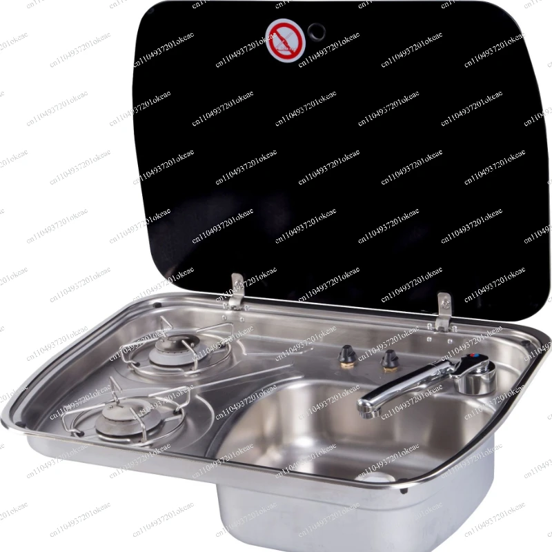 IRV Caravan Sink & Cooktop Stove Hob Combo with Tempered Glass Lid Built-in 2 Burner for Motorhome Camper Boat Yacht