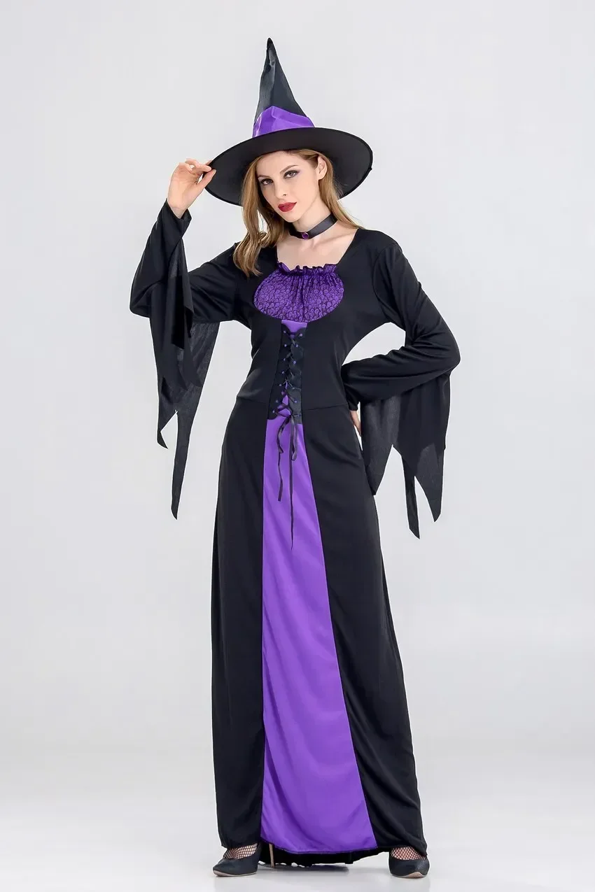 Costume de Sorcière d'Halloween Sexy Violet pour Femme, Robe à Bretelles, Chapeau, ixde Carnaval, Trempé