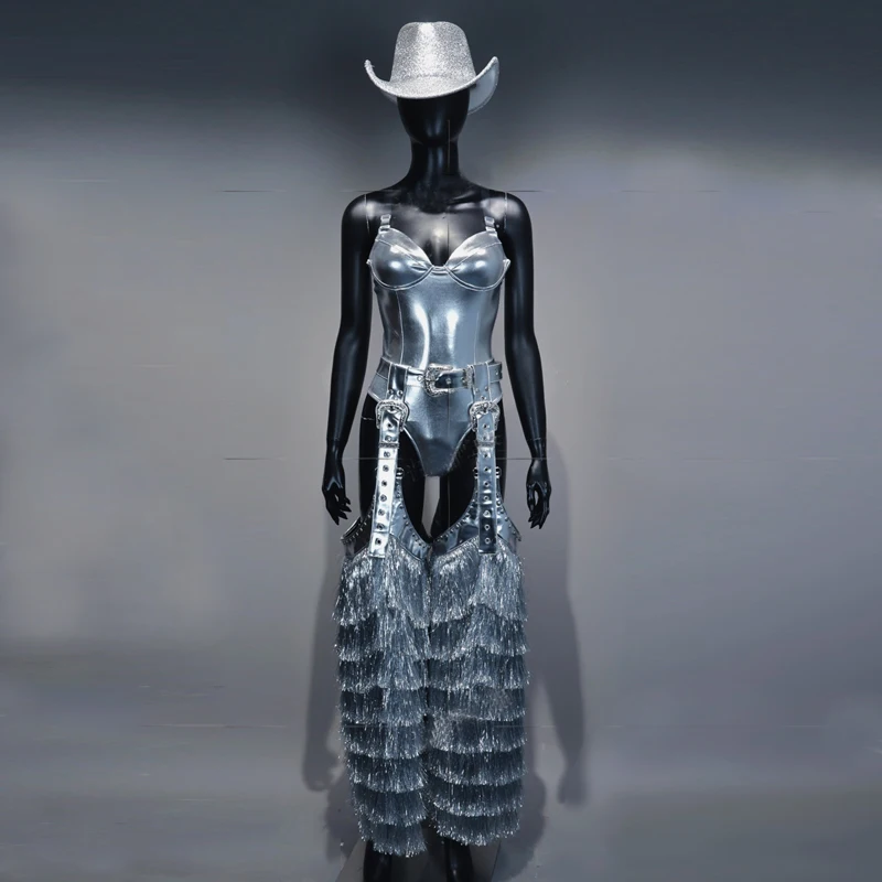 Bar Nightclub DJ DS Pole Dance Outfit Silver Laser Bodysuit Fringed Coat Legs Cover Women Gogo Costumes Stage Rave Wear XS10537
