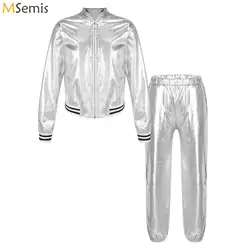 Kids Girls Shiny Metallic Jacket Bomber Coat Outerwear with Pants Suit for Hip Hop Jazz Dance Stage Performance Streetwear