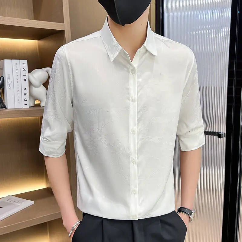

2025 Summer Men's High Quality Trendy Brand New High End Feeling Mid Sleeve Shirt Slim Fit Versatile Shirt