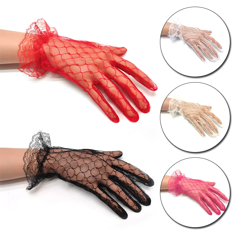 Elegant Ladies Short Lace Gloves New Sheer Fish Net White Prom Party Sexy Gloves Wrist Length Women Bride Mittens Driving Gloves