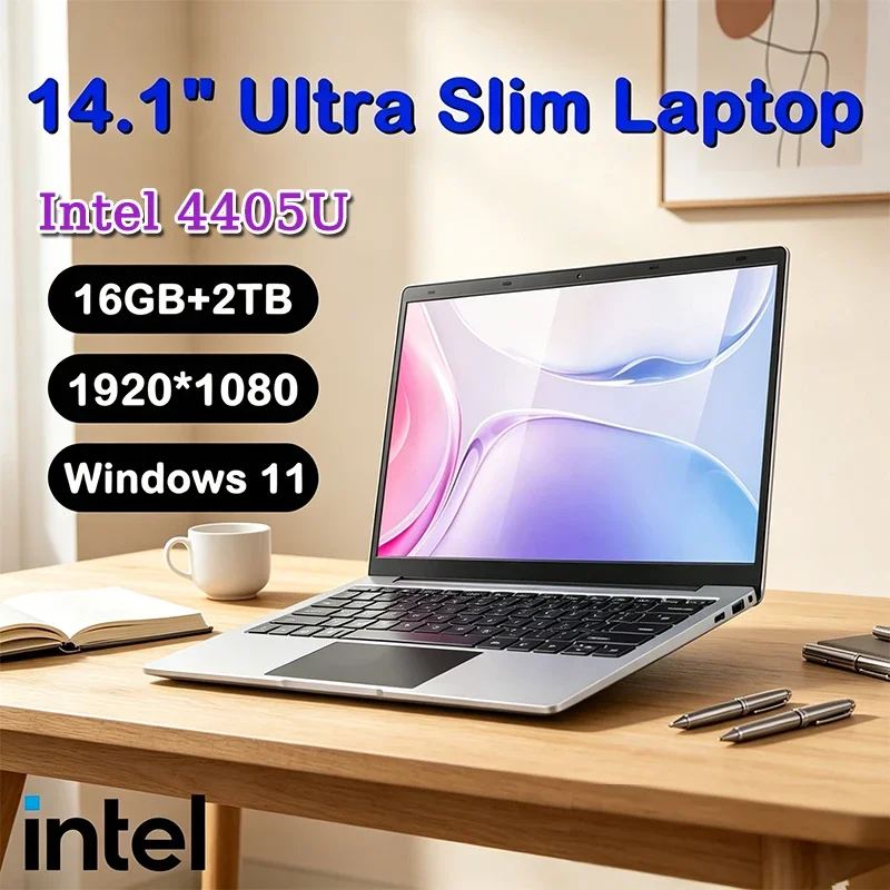 Novo Laptop Ultra Slim de 14.1" com 16GB de RAM e 2TB SSD Intel 4405U, PC para Jogos com Tela 1920*1080, Computador para Escritório e Estudo com Windows 11 Pro