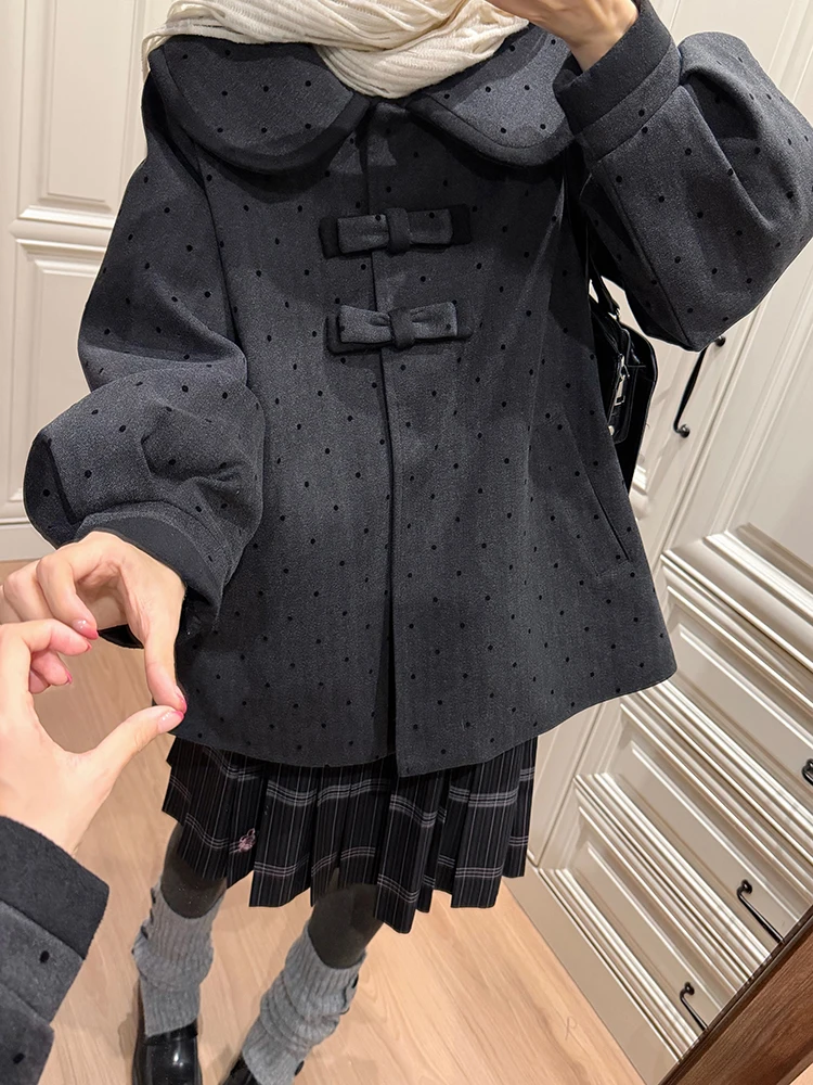 

Cute Doll Collar Bow Tie Woolen Coat Women Winter New Loose Fit Polyester Fiber Japanese Sle Sweet Loose Coat Long Sve