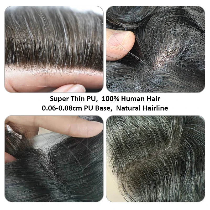 남성 Toupee 얇은 피부 전체 투명 PU 0.01mm 브이루프, 모세관 보형물, 인도 인모 가발, 천연 헤어 시스템 유닛