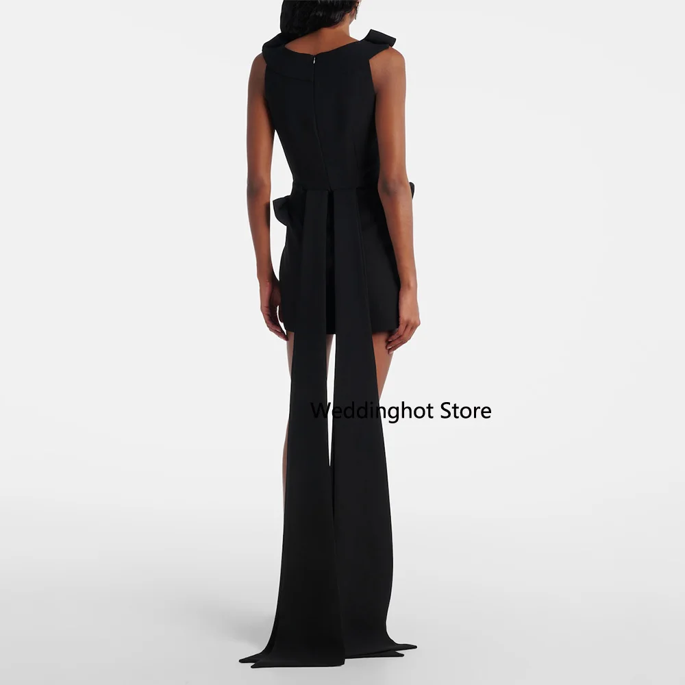 ミニカクテルドレス コラム/シース ボートネック ノースリーブ ショートイブニングパーティードレス 女性用 2025 リボン ブラック シンプルカクテルドレス