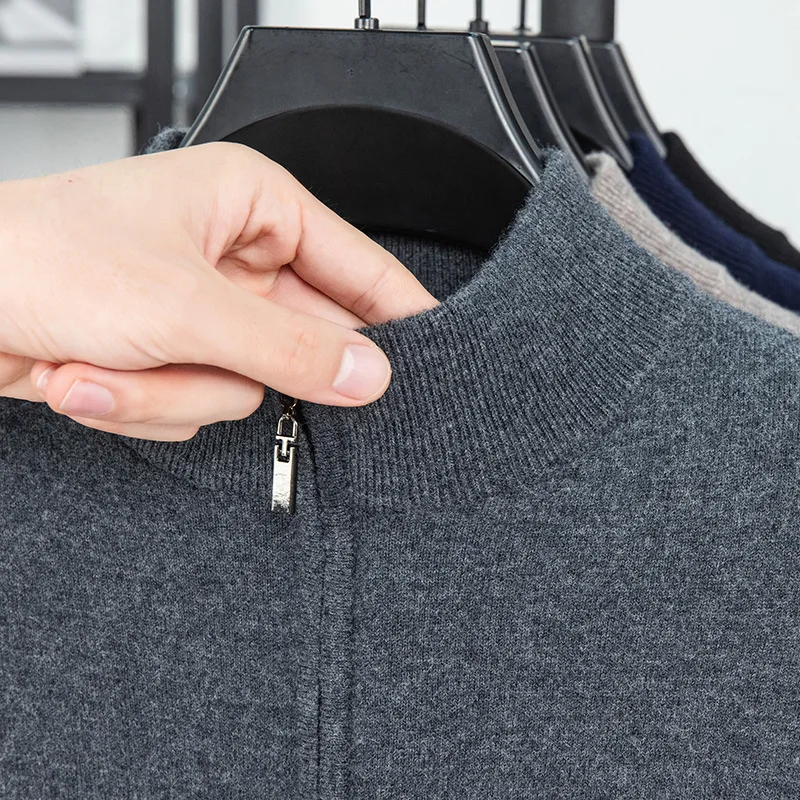 100% Wool Zip Up Sweater Men Autumn Winter Thick Pullover High Neck Sweater