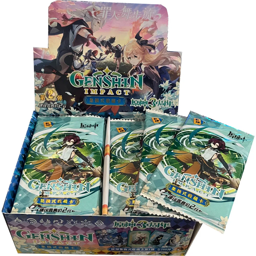 Genshin การ์ดอนิเมะ TCG กล่องการ์ดตัวละครหายากของเล่นเด็กของขวัญวันเกิดของขวัญ