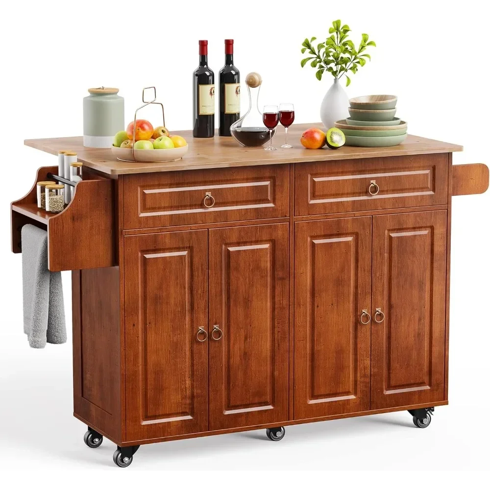 Kitchen Island with Drop Leaf and Storage, on Wheels Two Drawers, Large Storage Cabinet, Towel Rack Spice Cart