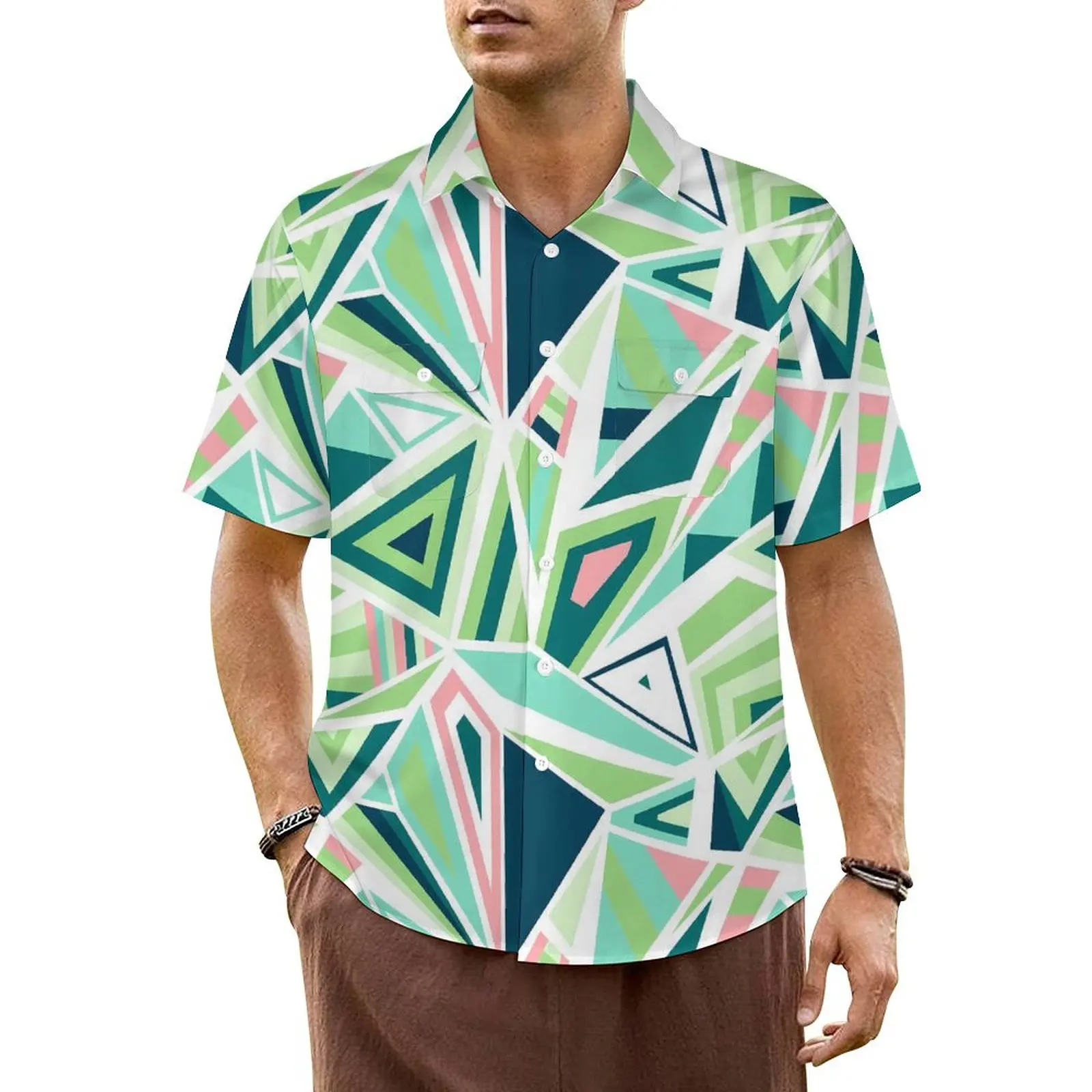 Color Block Print Vacation Shirt Green Triangle Hawaii Casual Shirts Mens Classic Blouses Short Sleeve Harajuku Graphic Clothing