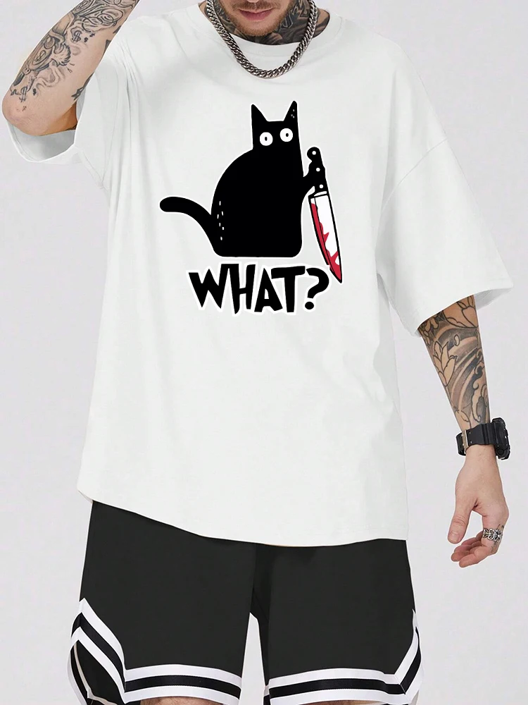 Cute Cats What T Shirt Men Summer New Tee Shirts Balck Cat Short Sleeve Cute Fashion Animal Cats Tops Tees Cotton Streetwear