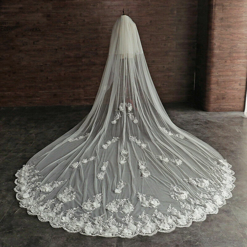 

3D Flowers Wedding Veil Cathedral Length Lace Appliques Bridal Veils With Comb Long 2T Wedding Veil 3M Width