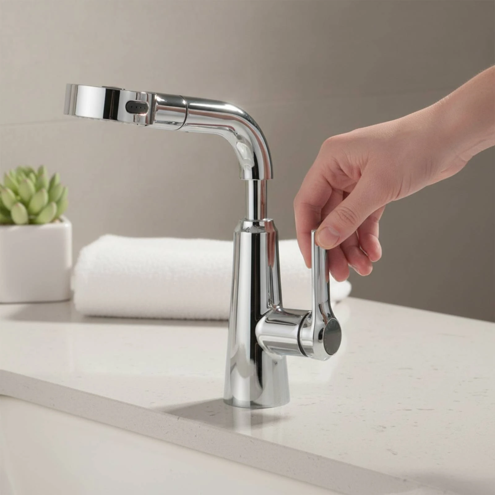 Bathroom Faucet with Sprayer Tall Curved Spout Pull out Bathroom Faucet Swivel Spray Head Flexible Hose for Washing Basin