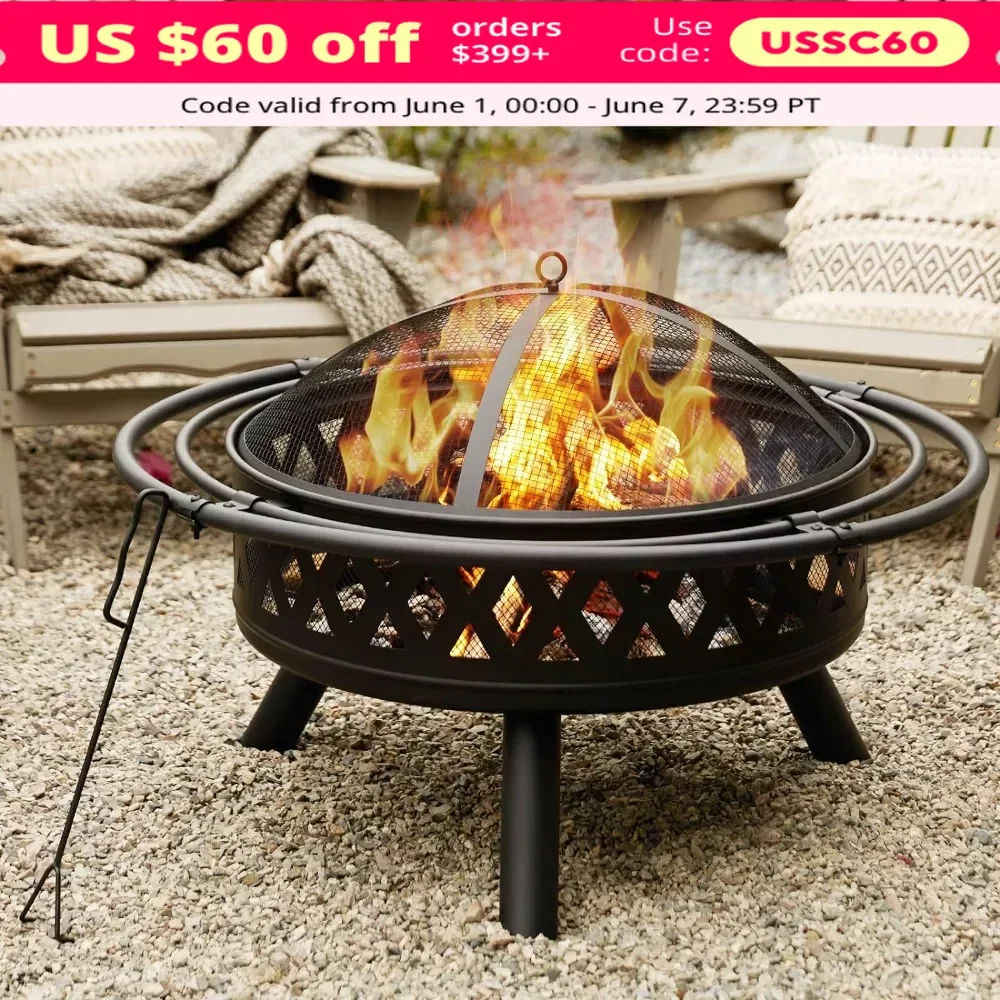 35 Inch Fire Pit, Outdoor Wood Burning Fire Pit Crossweave with Spark Screen Fire Poker with 2 Loops, Bonfire Firepit