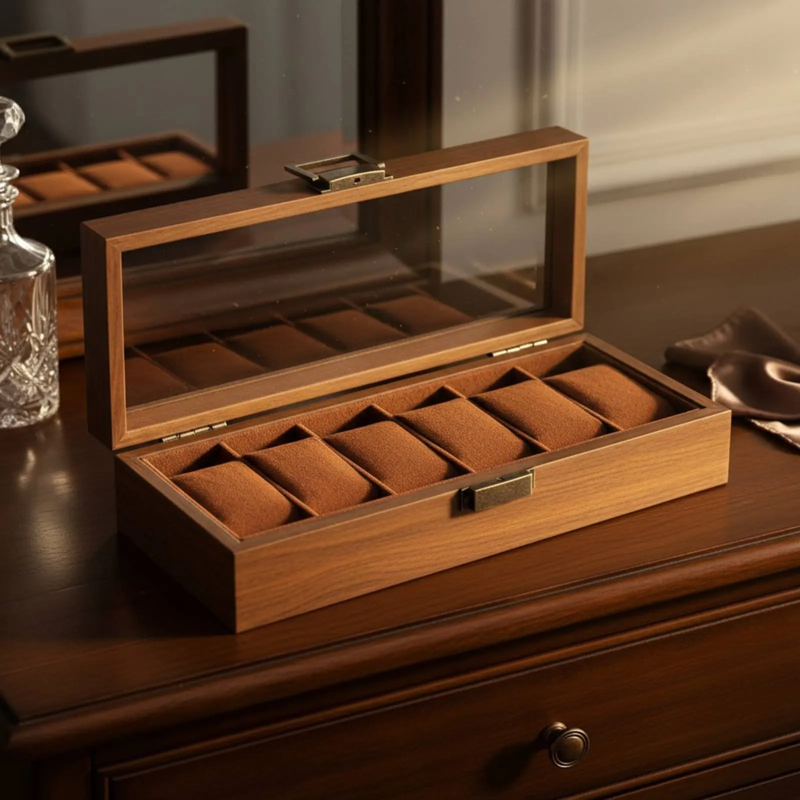 Watch and Jewelry Storage Box Soft Luxurious Textile Lining Wooden Jewelry Box Glass Top Watch Display Case Dustproof for Women