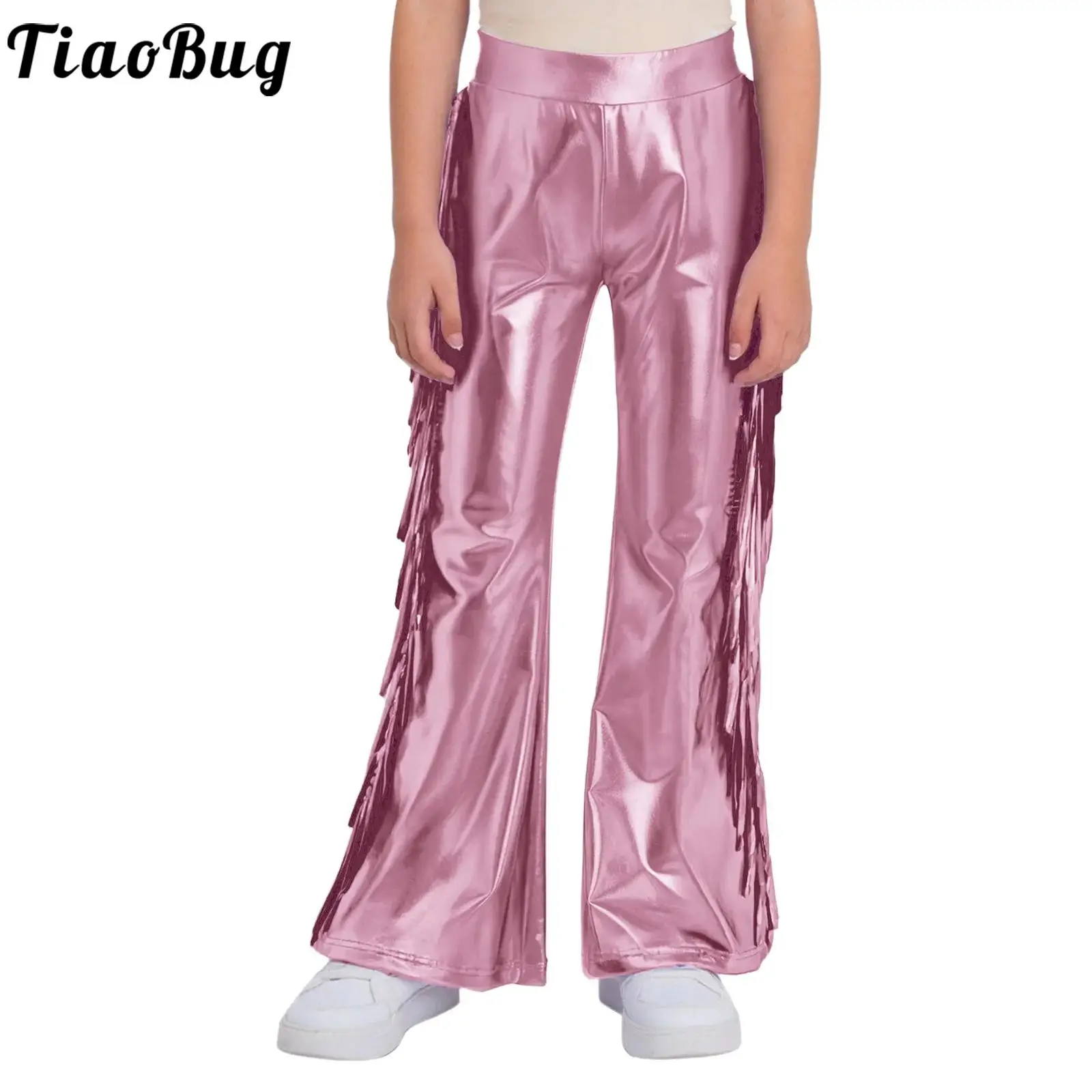 

Kids Girls Jazz Tango Modern Dance Flared Pants Tassels Metallic Bell-Bottom Trousers for Disco Dance Party Stage Performance
