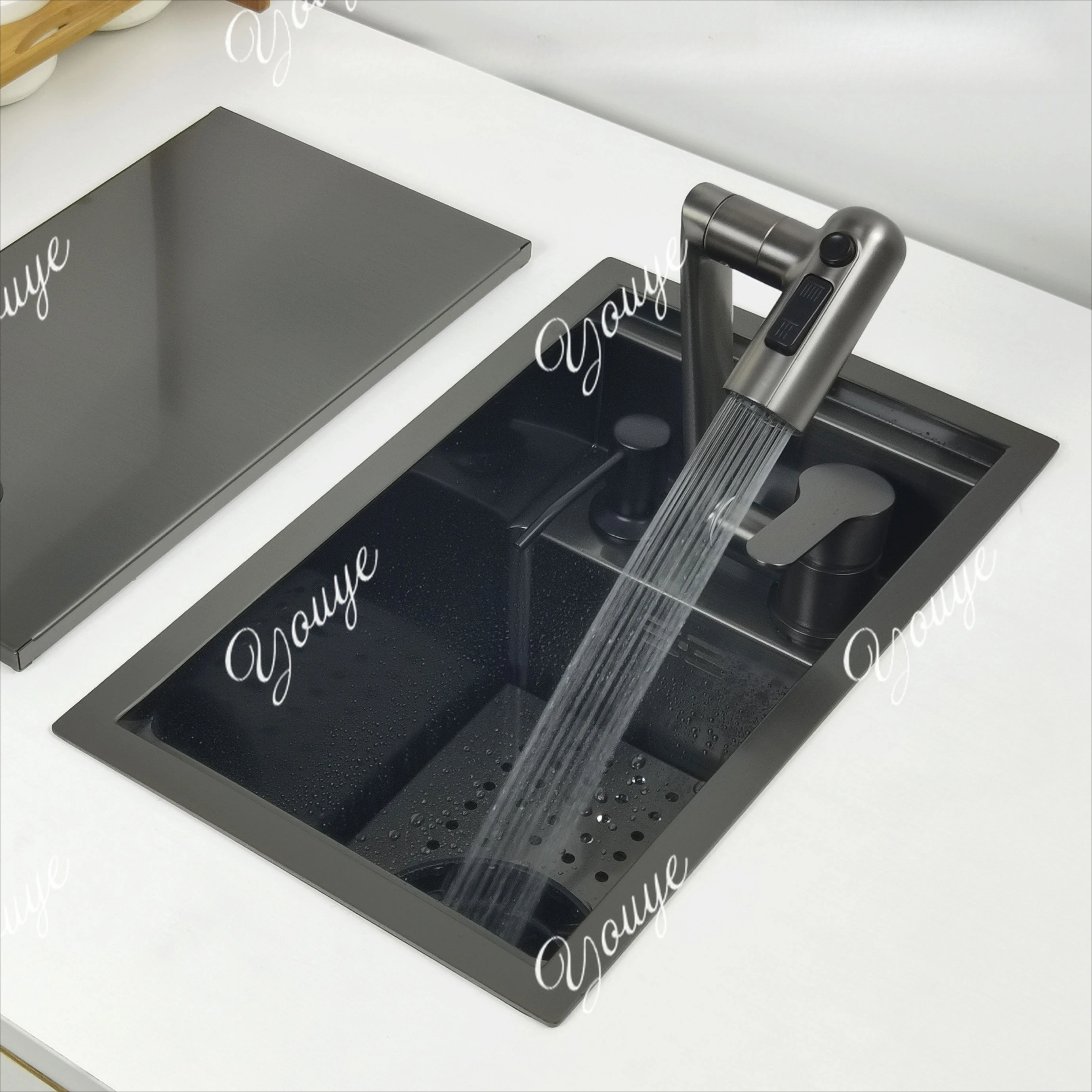 

Mini Bar Sink Matte Black Nano Coating with Cup Washer Pull-out Lift Faucet Hidden Design with Cover Island Kitchen Sink