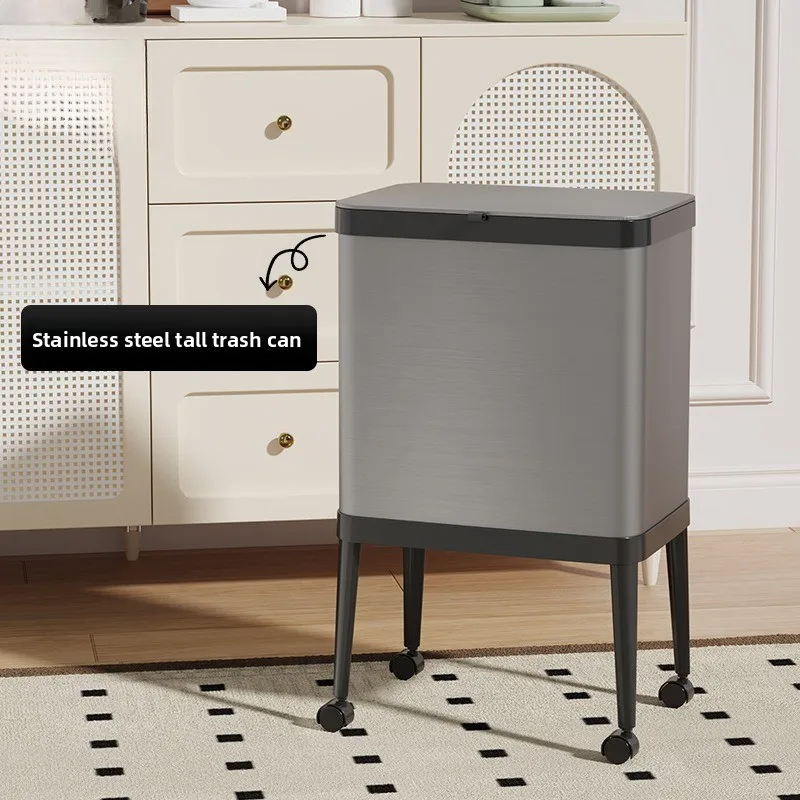 Tall Stainless Steel Kitchen Trash Can on Wheels Large Capacity Garbage Bin for Home Rolling Waste Baskets No Bending Dustbins
