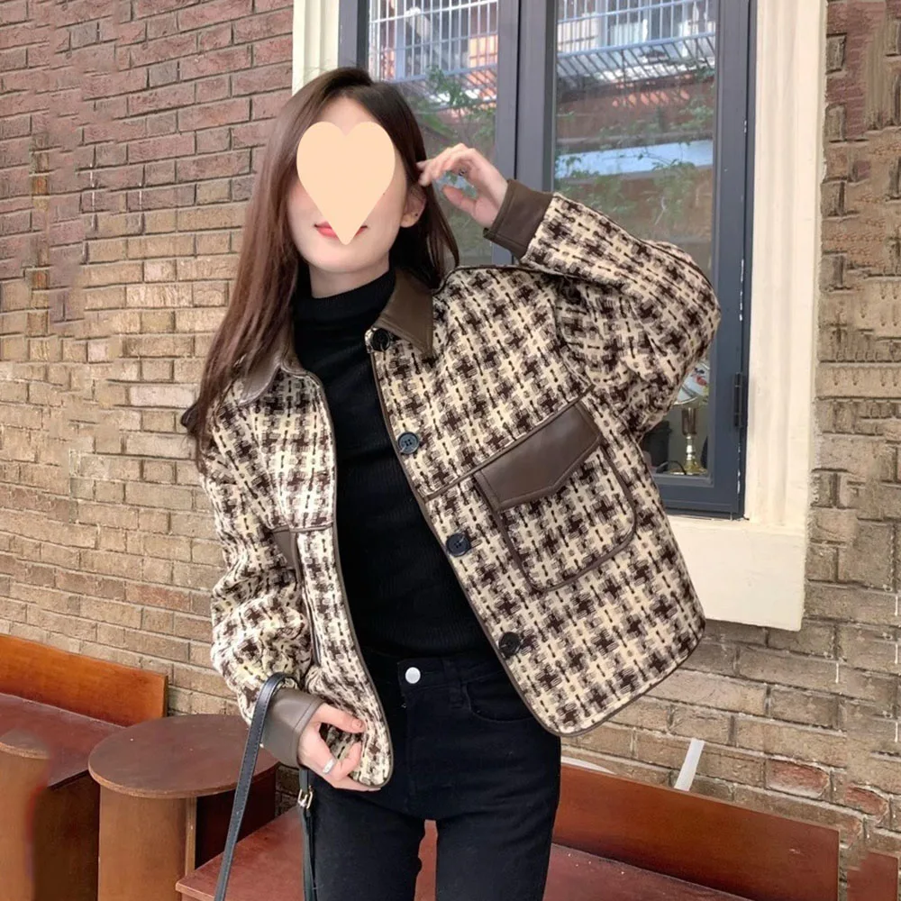 Small Fragrance Coat Women's Autumn 2024 New Houndstooth Design Sense Stitching Collar Loose Long-sleeved Coat Tide