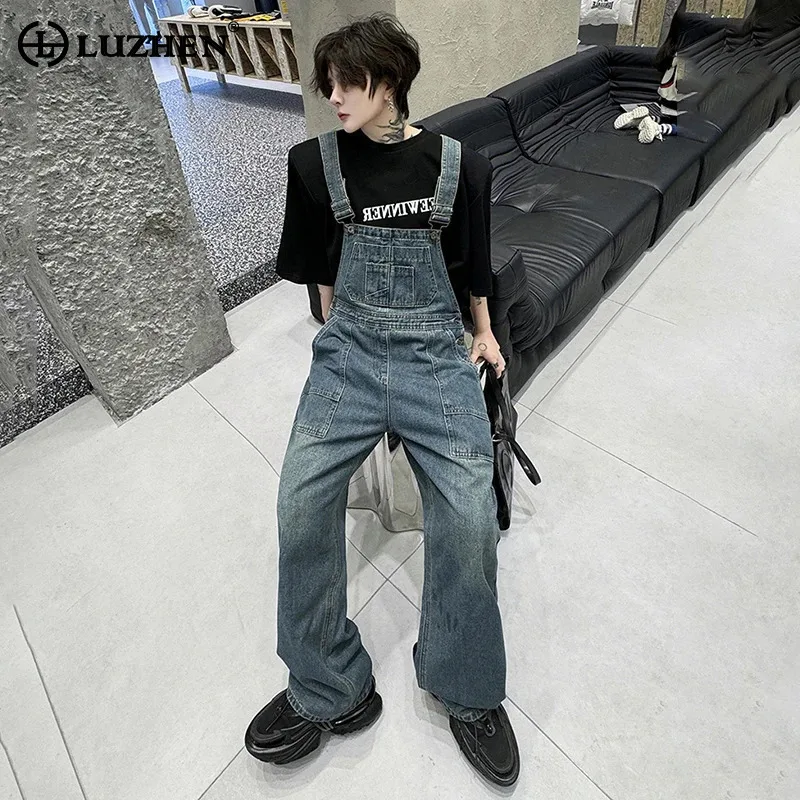 

LUZHEN 2024 Versatile Vintage Niche Design Fashion Denim Jumpsuit Men's Street Wear Trendy Loose Wornout Straight Jeans LZ6007