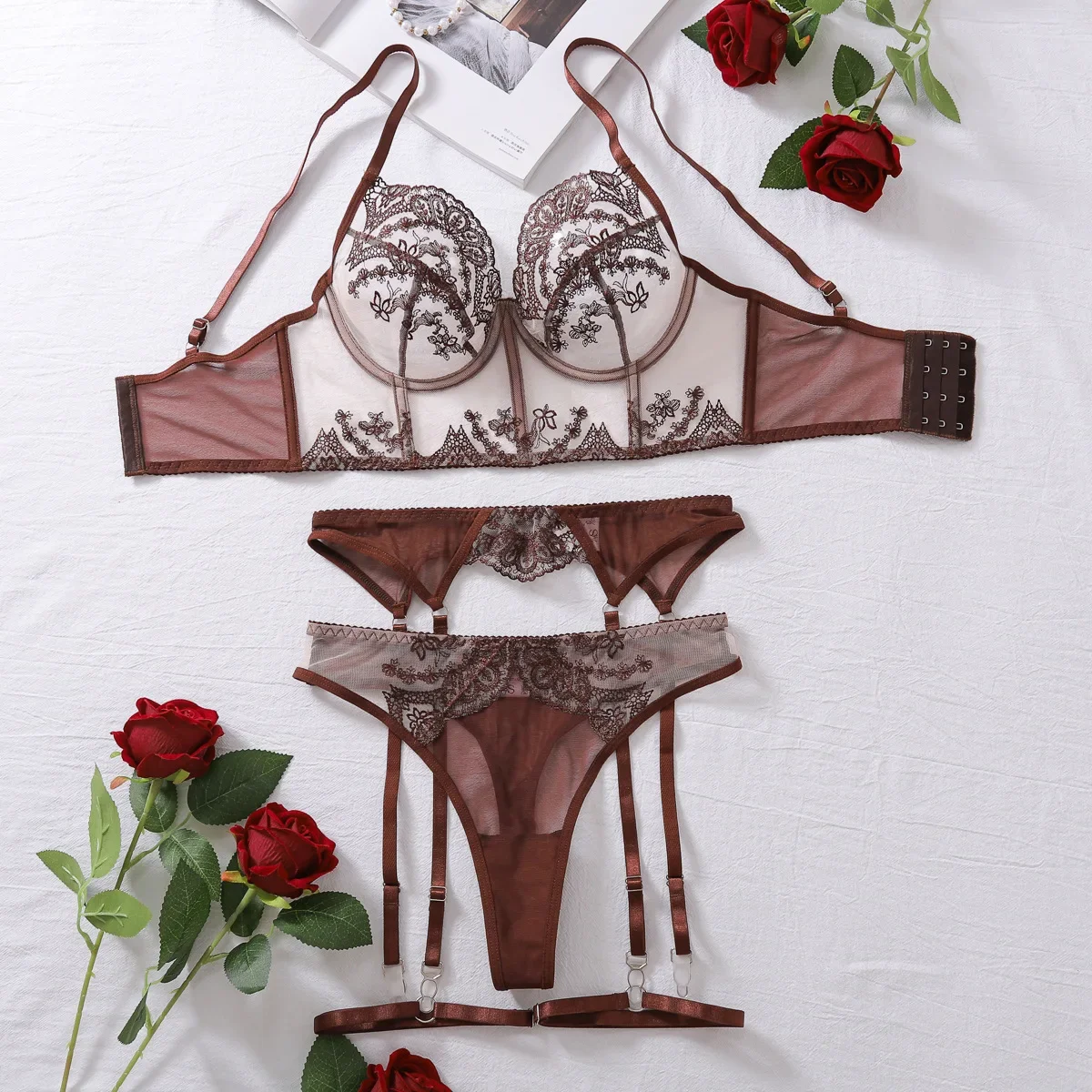 

Bra + Panties + Garter +Thigh Circumference,Adjustable Push Up Transparent Lingerie Suits Ladies Underwear Female Lace Intimates
