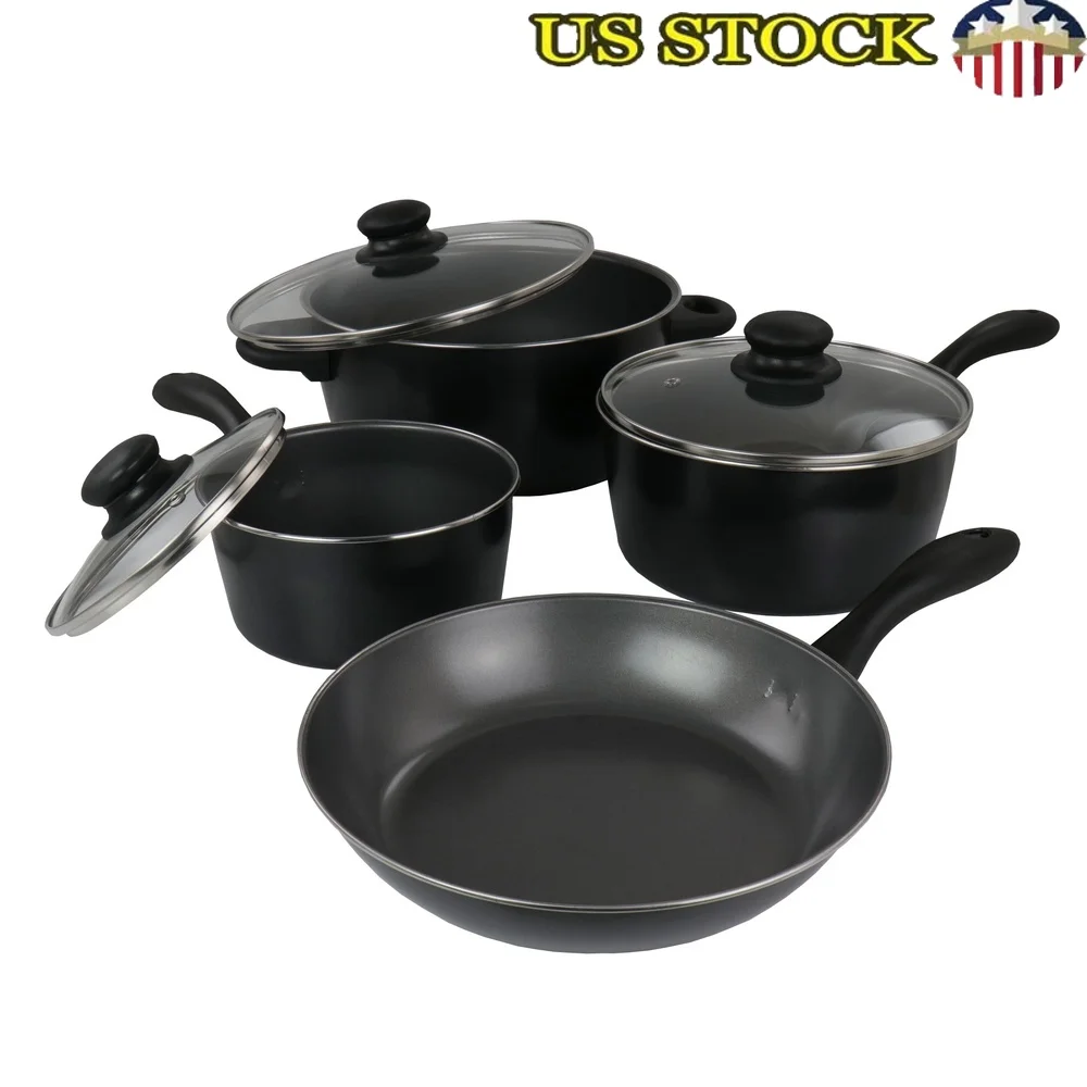 

7 Piece Carbon Steel Cookware Set Nonstick Tempered Glass Lids Bakelite Handles Easy Cleanup Induction Compatible Durable