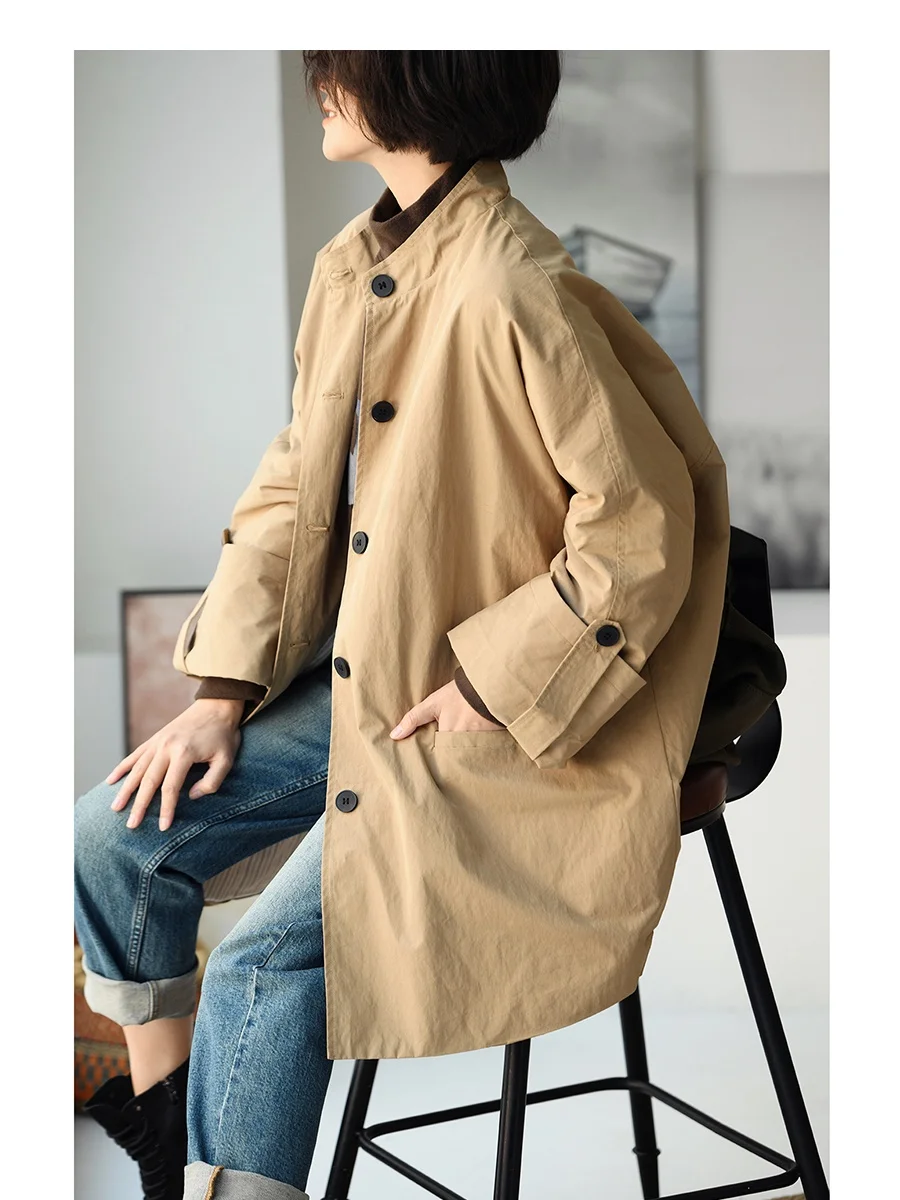 

Casual Oversize Wide Sve Stand Collar Mid-Length Cotton Jaet Coat Women Winter Thiened Loose Fit Button up Pure Color