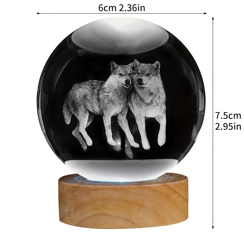 1PC 3D Wolf Crystal Ball Wooden Base Night Light, Girlfriend, Wife, Parents, Christmas Anniversary, Glass Ball, Living Room, Bed