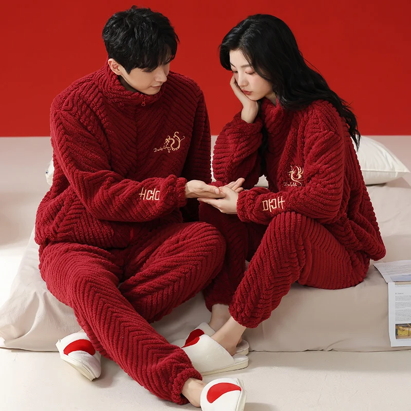 High Quality Winter Couple Pajamas Set Women Men Pyjamas Korean Home Suits Flannel Sleepwear