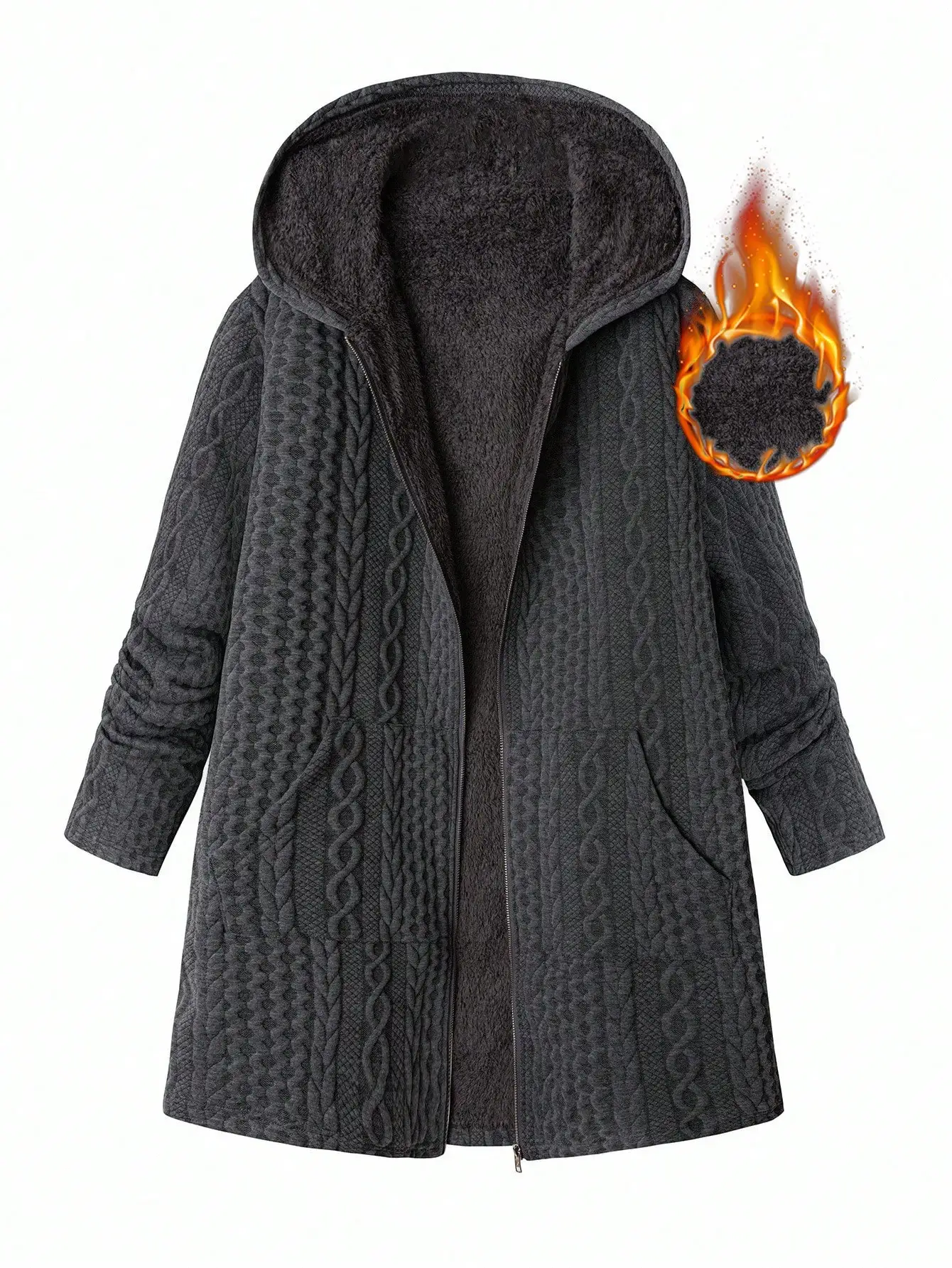 

Женская флисовая куртка большого размера с капюшоном, вязаная косами, на молнии спереди, теплая зимняя куртка для повседневной носки и офиса