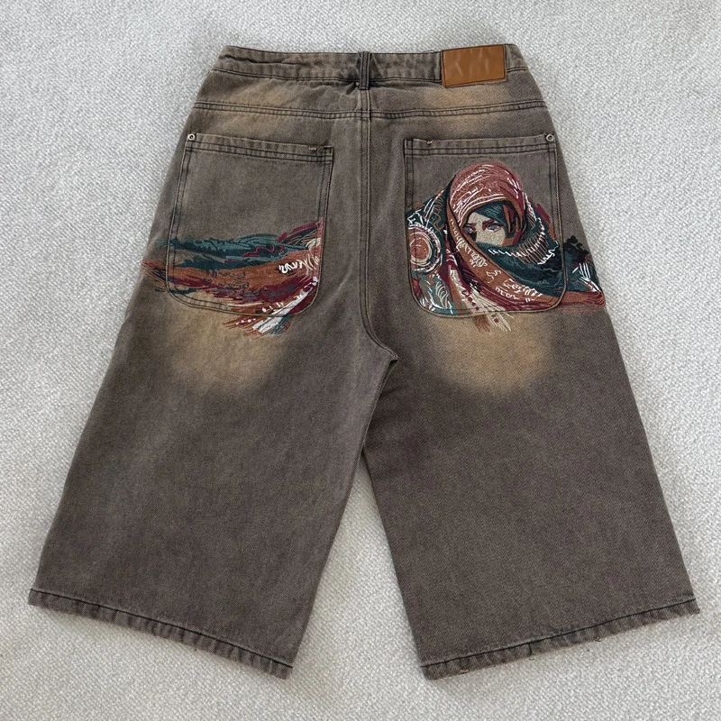 

New High Quality American Retro Derchutze Denim Shorts Embroidered Patterns Men's Straight Leg Pants Stock
