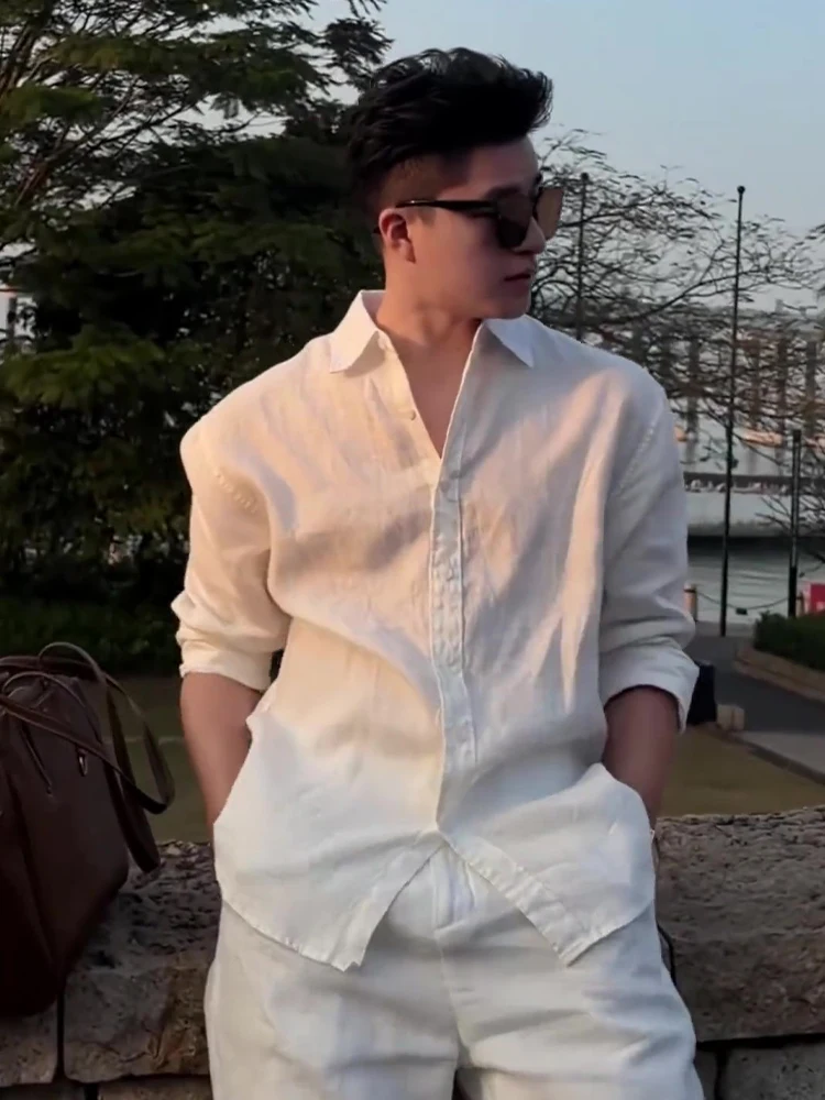 

Белая льняная рубашка с длинным рукавом для мужчин, весна-лето, свободный крой, защита от солнца, повседневная молодежная рубашка-поло