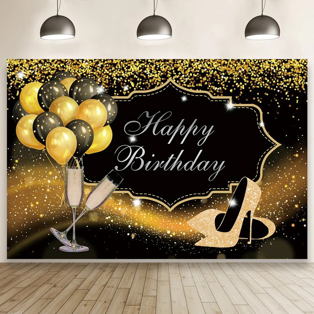 Bajeczne urodziny kobiet wysoki obcas fotografia tło złote kropki balony wystrój rodzina strona portret Photocall tło