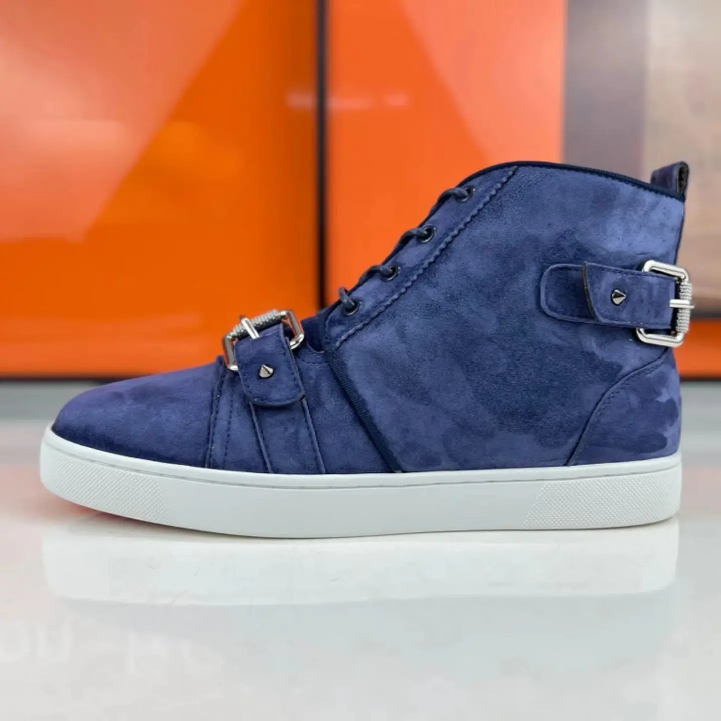 Luxury Men's High Top Royal Blue Suede Leather Lace Up Loafers Silver Metal Buckle Red Bottom Casual Skate Walking Boat Shoes