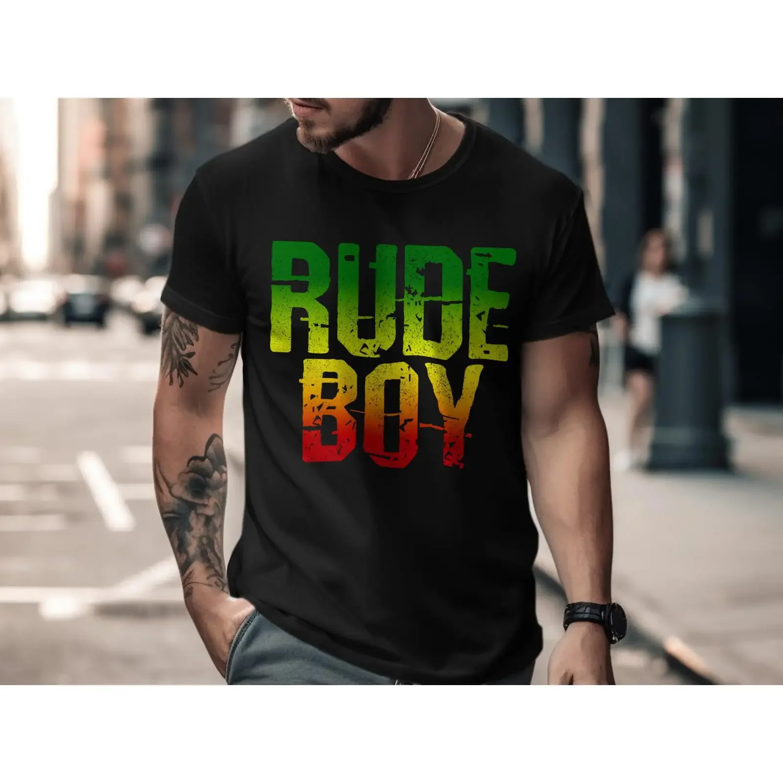 Rude Boy T Shirt Distressed Rasta Colors Jamaican Reggae Ska Music Culture  vintage Washed fashion Unisex Stretched streetwear