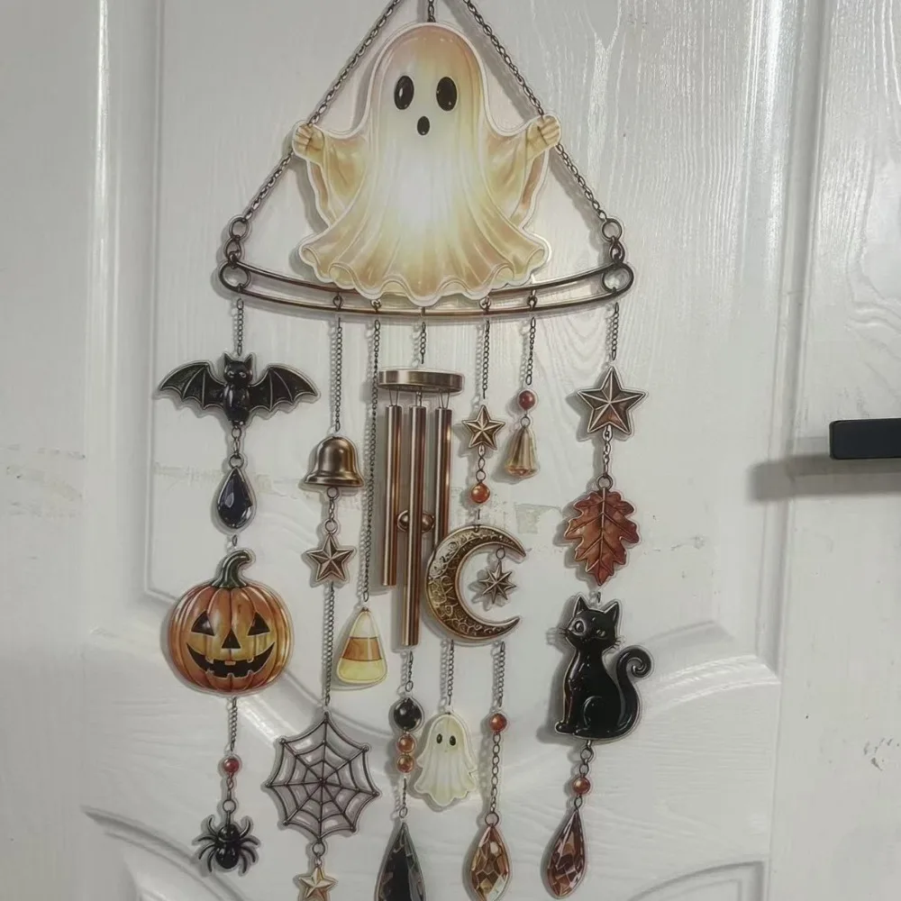 Halloween Themed Crystal Wind Chime Dangling Strands Faceted Teardrops Glass Suncatcher Bead Accents Stained Glass