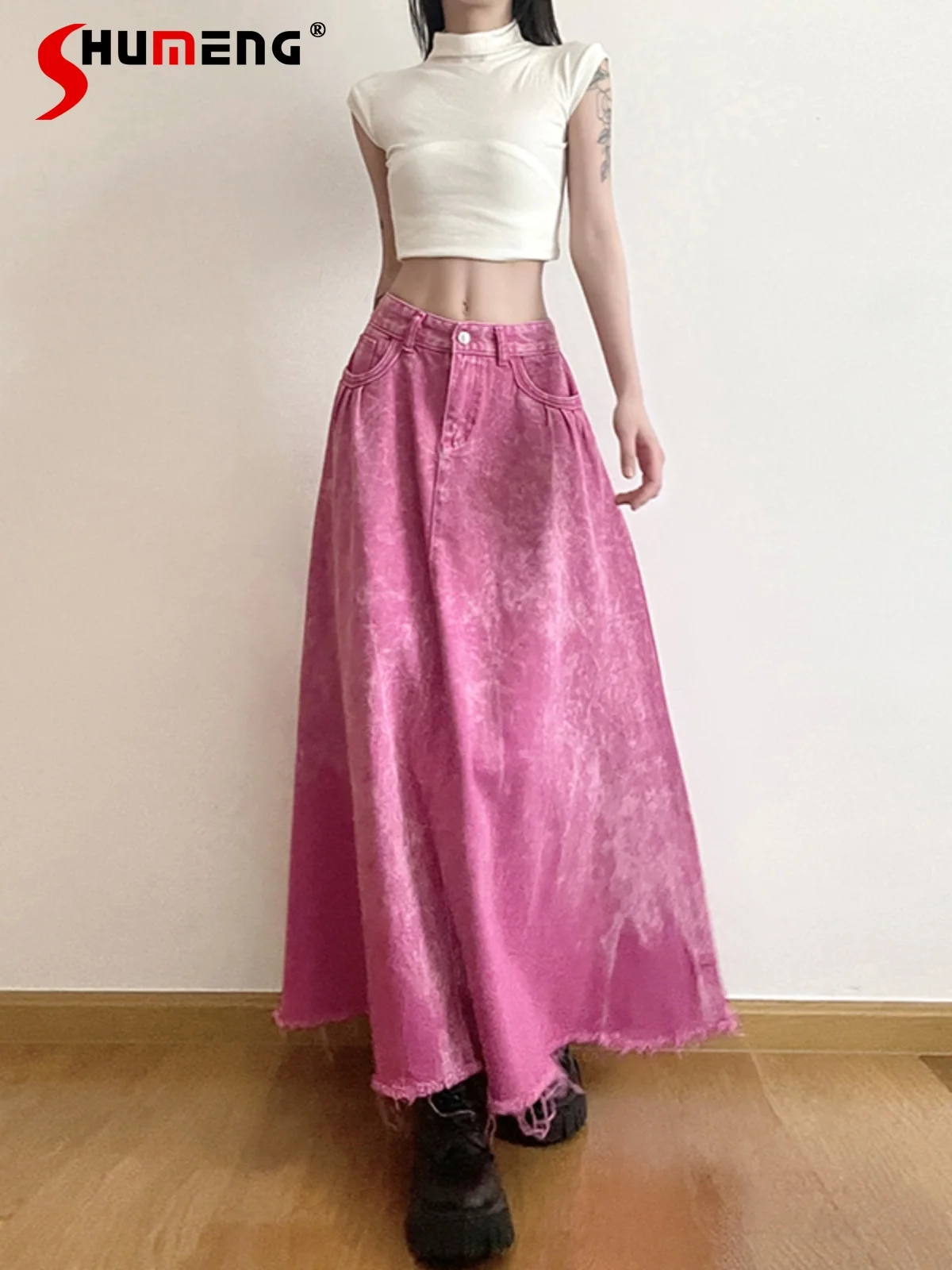 Cool Chic Pink A- Line Jean Long Skirt Woman Student 2024 Summer New Sweet High Waist Slimming Frayed Denim Skirts for Women