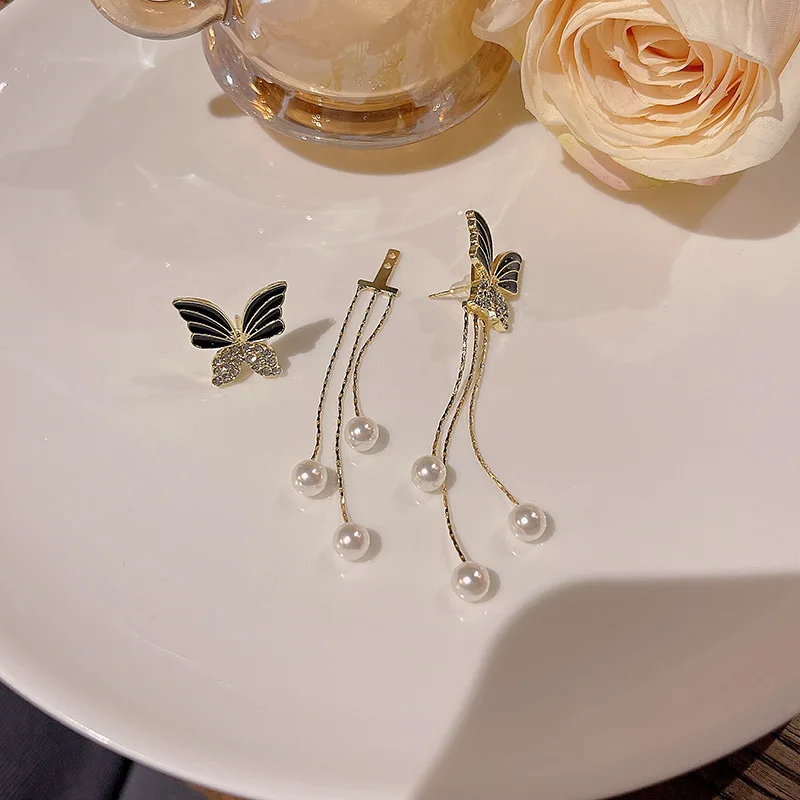 Pendientes de mariposa con incrustaciones de circonita para mujer, cristal negro, color plateado, personalidad de moda, joyería de boda, regalos de cumpleaños