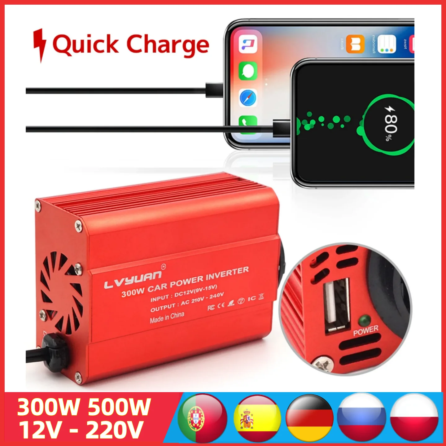 300W 500W Car Inverter DC12V AC220V Outdoor Portable Charger Converter Cigarette lighter EU/Universal Socket