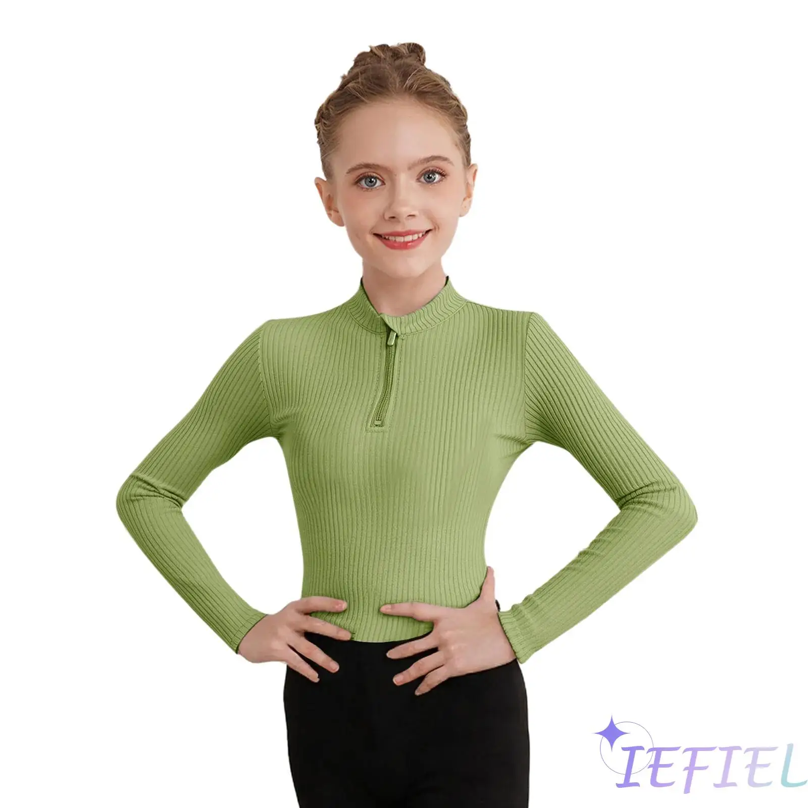 

Kids Girls Ballet Jazz Dance Tops Stand Collar Long Sleeves Thumbhole Casual Pullover Tops for Gymnastics Ballroom Dance Show